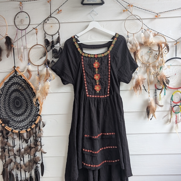 Free People Boho Embroidered Midi Dress Size L Black Harvest Festival Folk - Picture 8 of 10